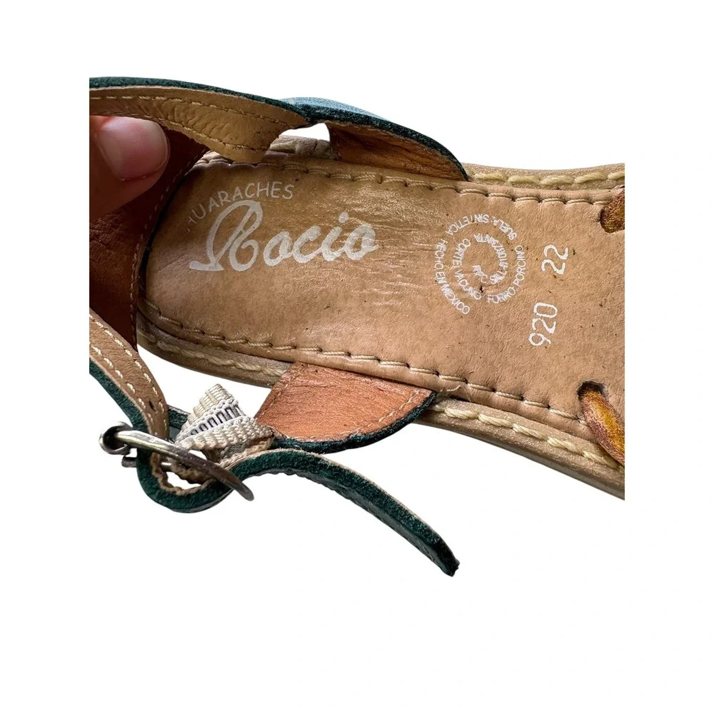 Mexican Huarache Leather‎ Floral Embroidered Slingback Sandals Boho Artisan 5